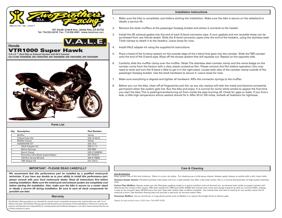 Two Brothers Racing Honda VTR1000 User Manual | 1 page