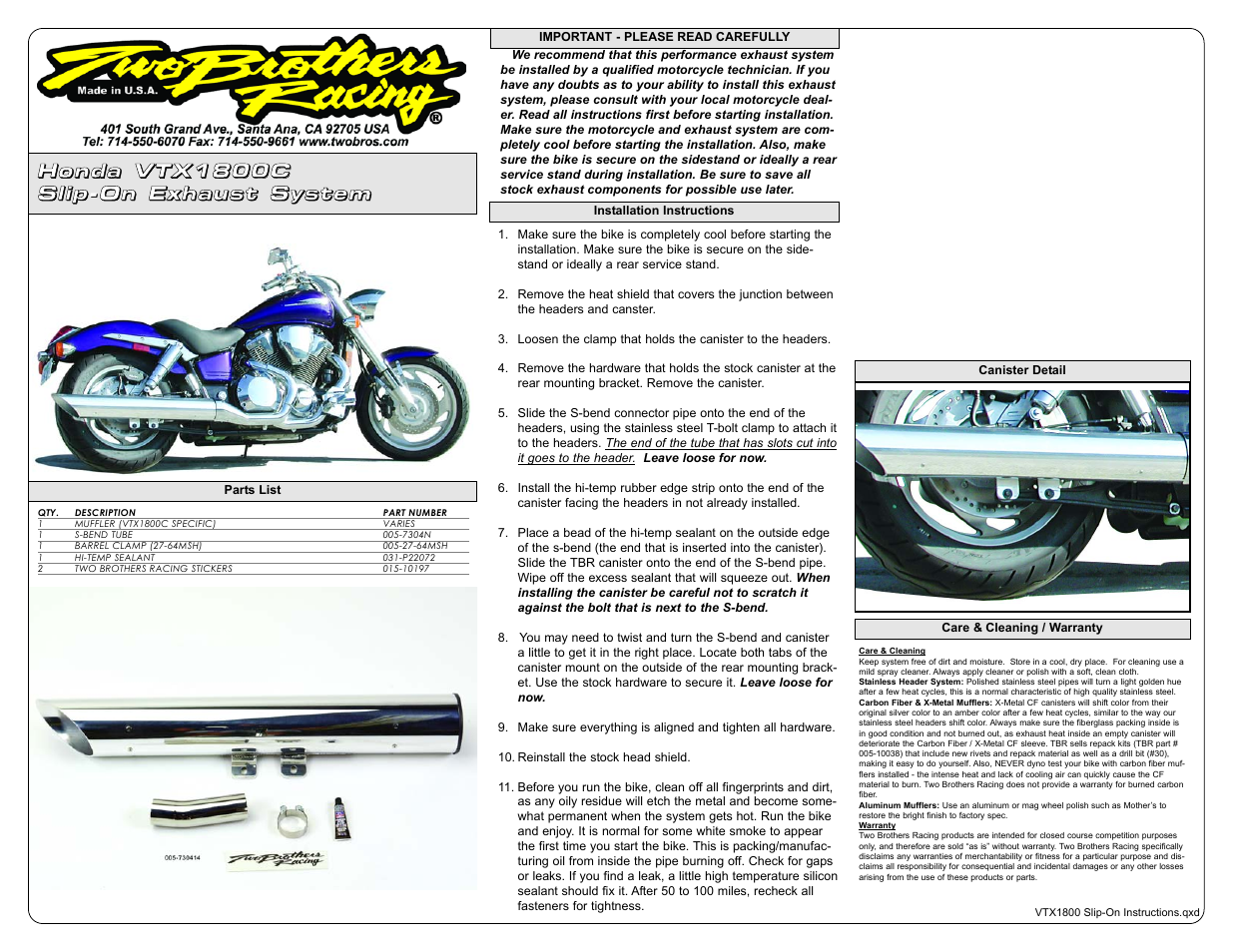 Two Brothers Racing Honda VTX1800C User Manual | 1 page