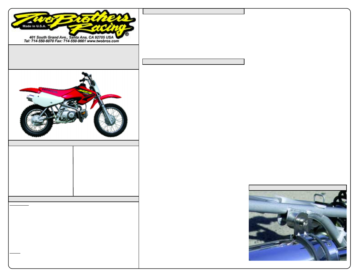 Two Brothers Racing Honda XR70R User Manual | 1 page