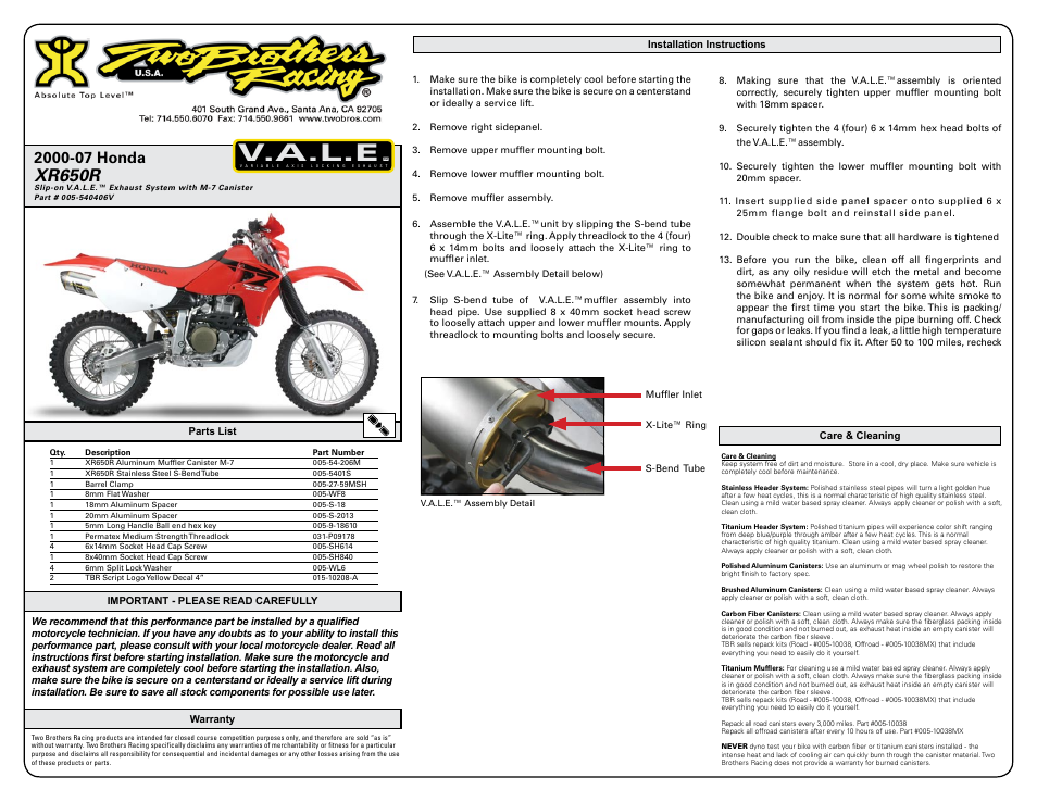 Two Brothers Racing Honda XR650 User Manual | 2 pages