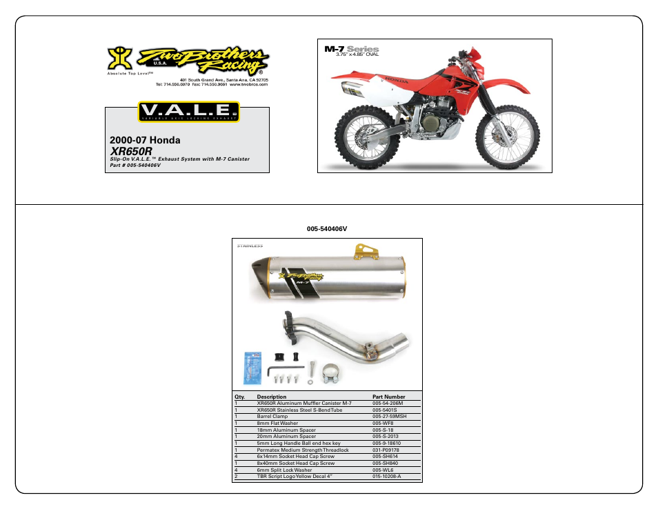 V.a.l.e, Xr650r | Two Brothers Racing Honda XR650 User Manual | Page 2 / 2