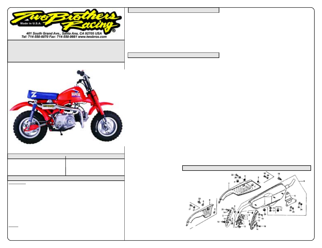 Two Brothers Racing Honda Z-50 User Manual | 1 page