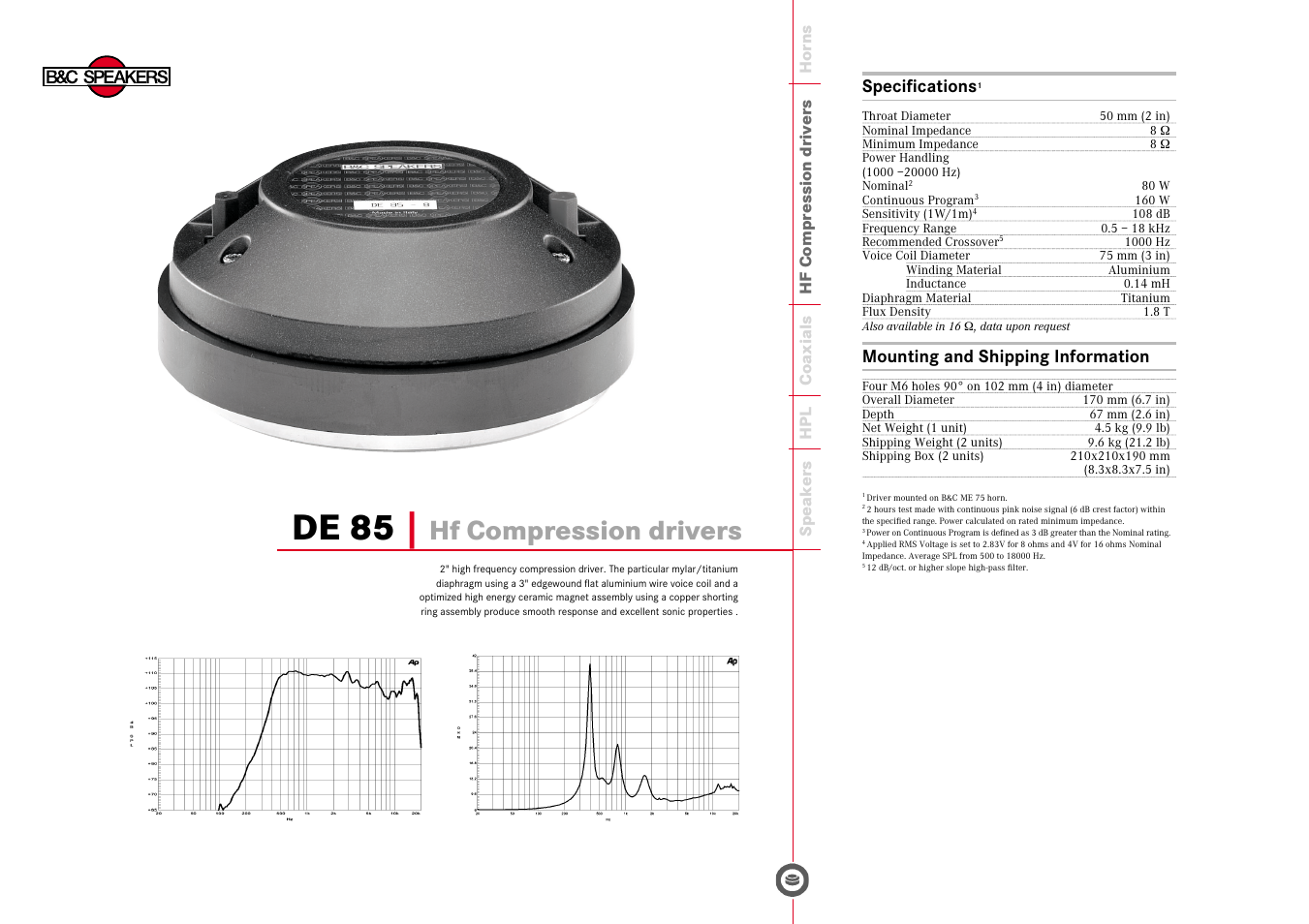 B&C Speakers Hf Compression Drivers DE85 User Manual | 1 page