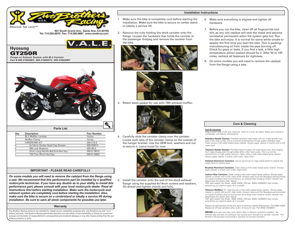 Two Brothers Racing Hyosung GT250R User Manual | 2 pages