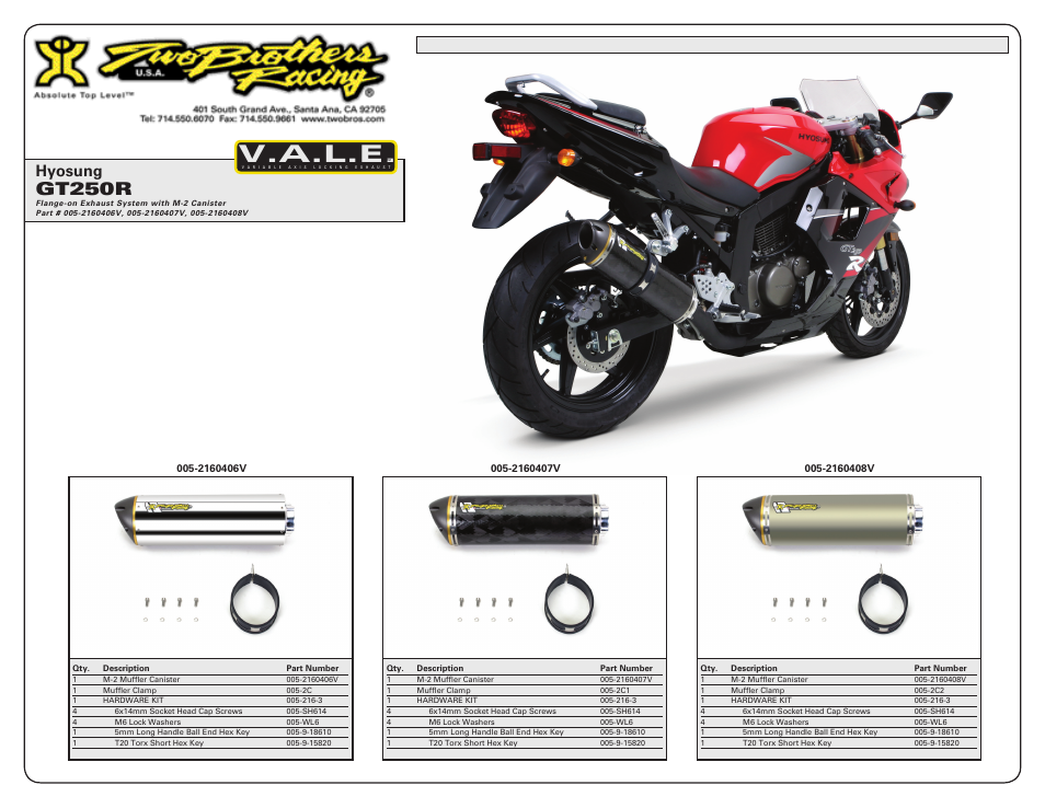 V.a.l.e, Gt250r, Hyosung | Two Brothers Racing Hyosung GT250R User Manual | Page 2 / 2