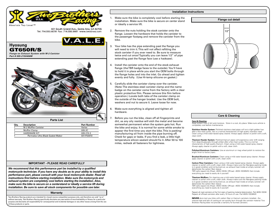 Two Brothers Racing Hyosung GT650S User Manual | 2 pages