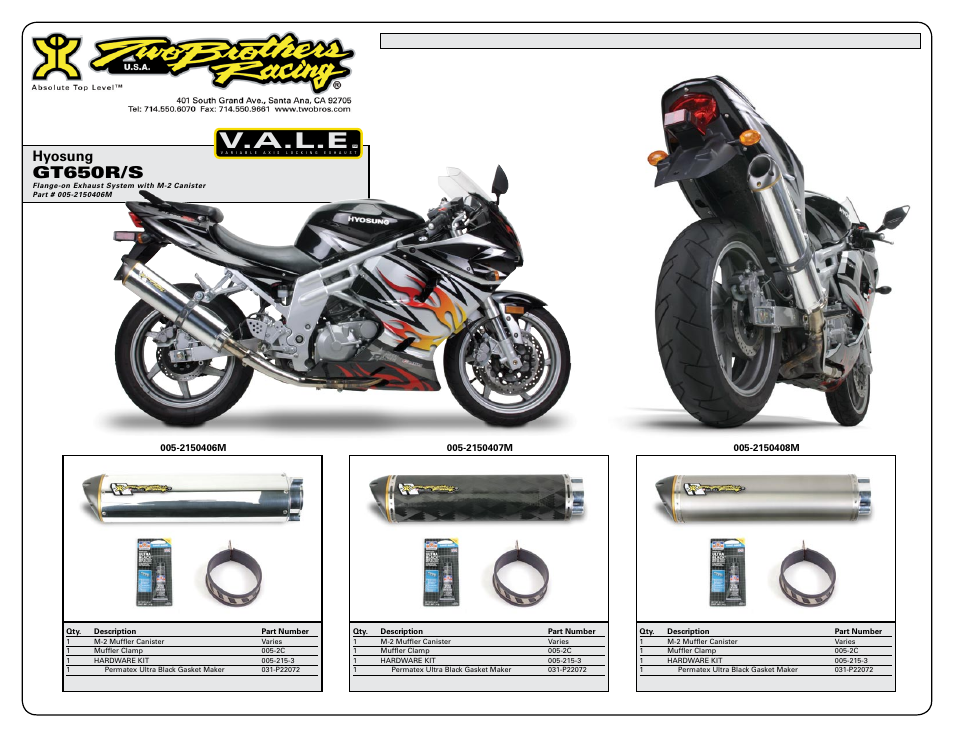 V.a.l.e, Gt650r/s, Hyosung | Two Brothers Racing Hyosung GT650S User Manual | Page 2 / 2