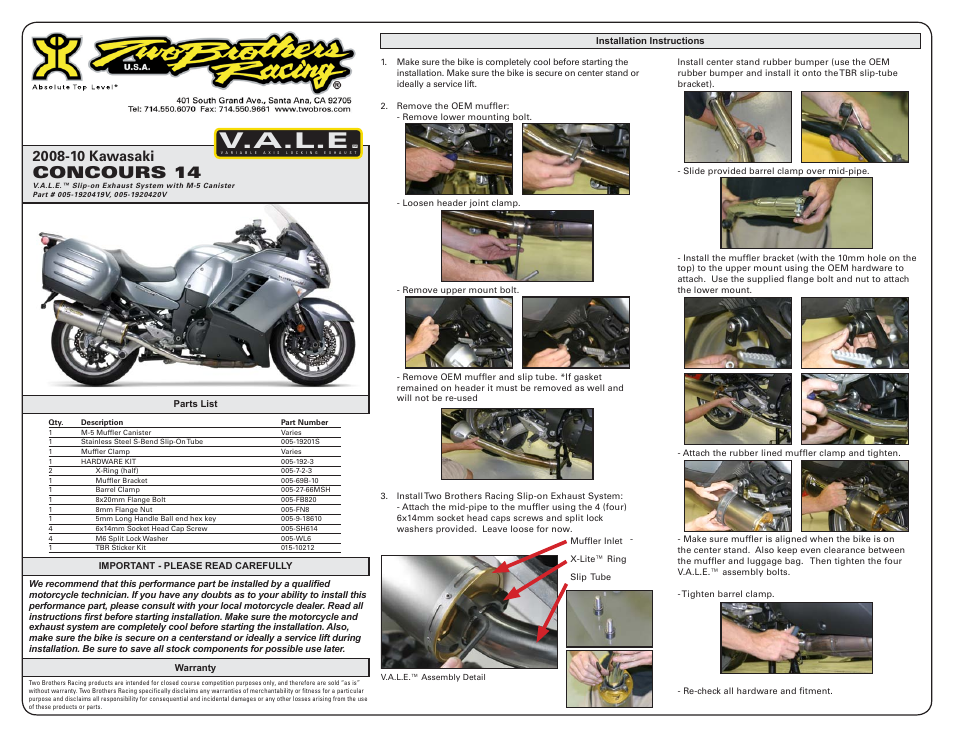 Two Brothers Racing Kawasaki Concours 14 User Manual | 2 pages