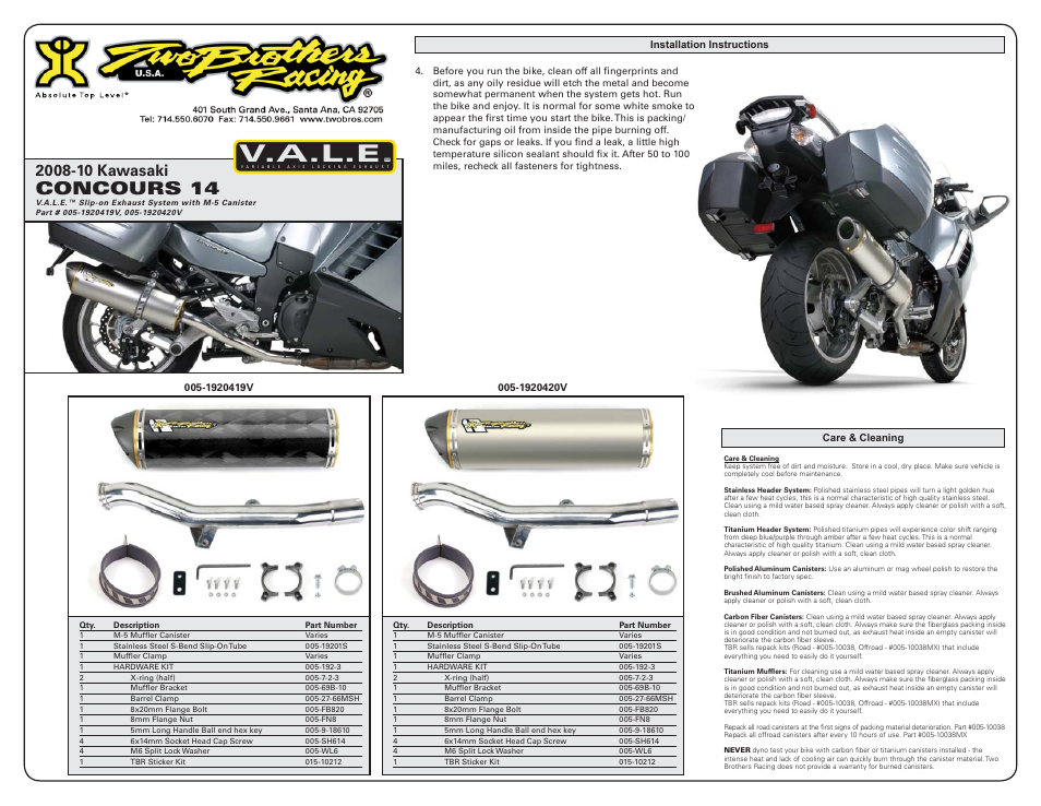 V.a.l.e, Concours 14 | Two Brothers Racing Kawasaki Concours 14 User Manual | Page 2 / 2