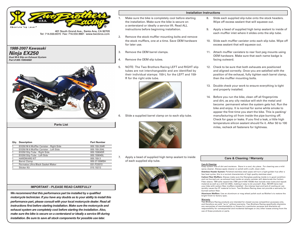 Two Brothers Racing Kawasaki EX250 Ninja User Manual | 2 pages