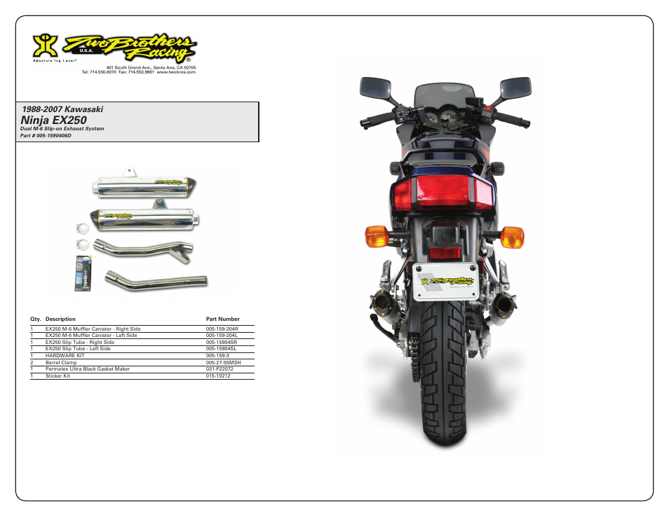 Ninja ex250 | Two Brothers Racing Kawasaki EX250 Ninja User Manual | Page 2 / 2