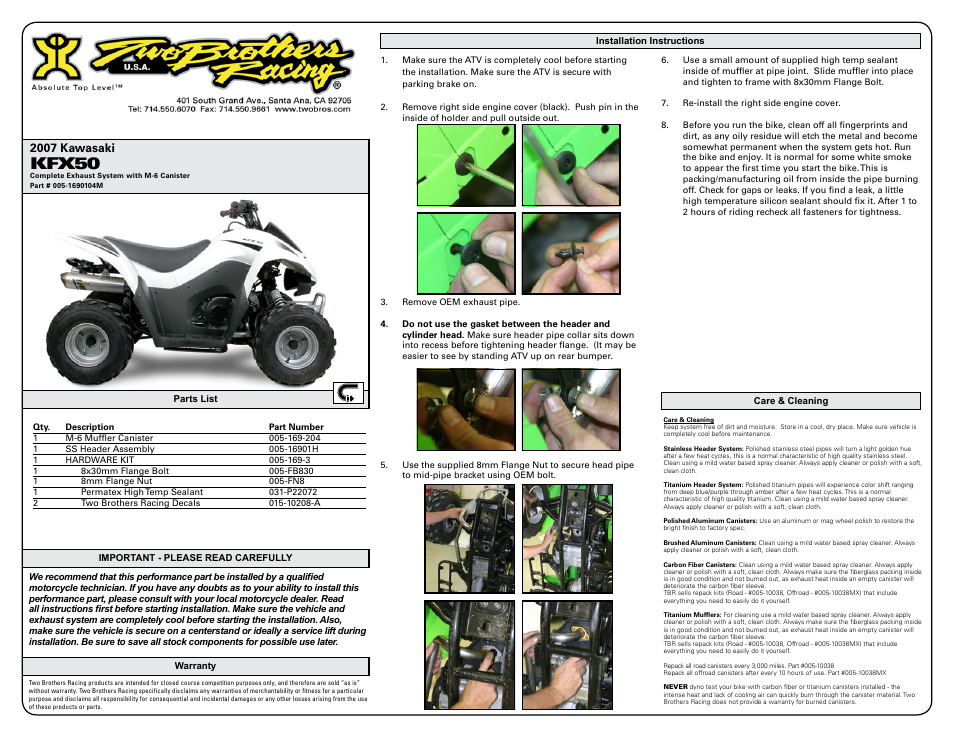 Two Brothers Racing Kawasaki KFX50 User Manual | 2 pages