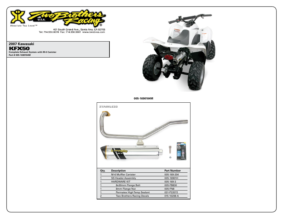 Kfx50, 2007 kawasaki | Two Brothers Racing Kawasaki KFX50 User Manual | Page 2 / 2