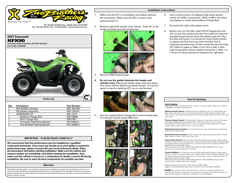 Two Brothers Racing Kawasaki KFX90 User Manual | 2 pages