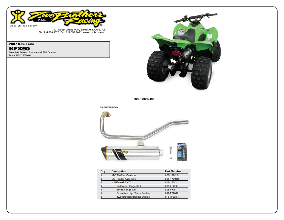 Kfx90, 2007 kawasaki | Two Brothers Racing Kawasaki KFX90 User Manual | Page 2 / 2