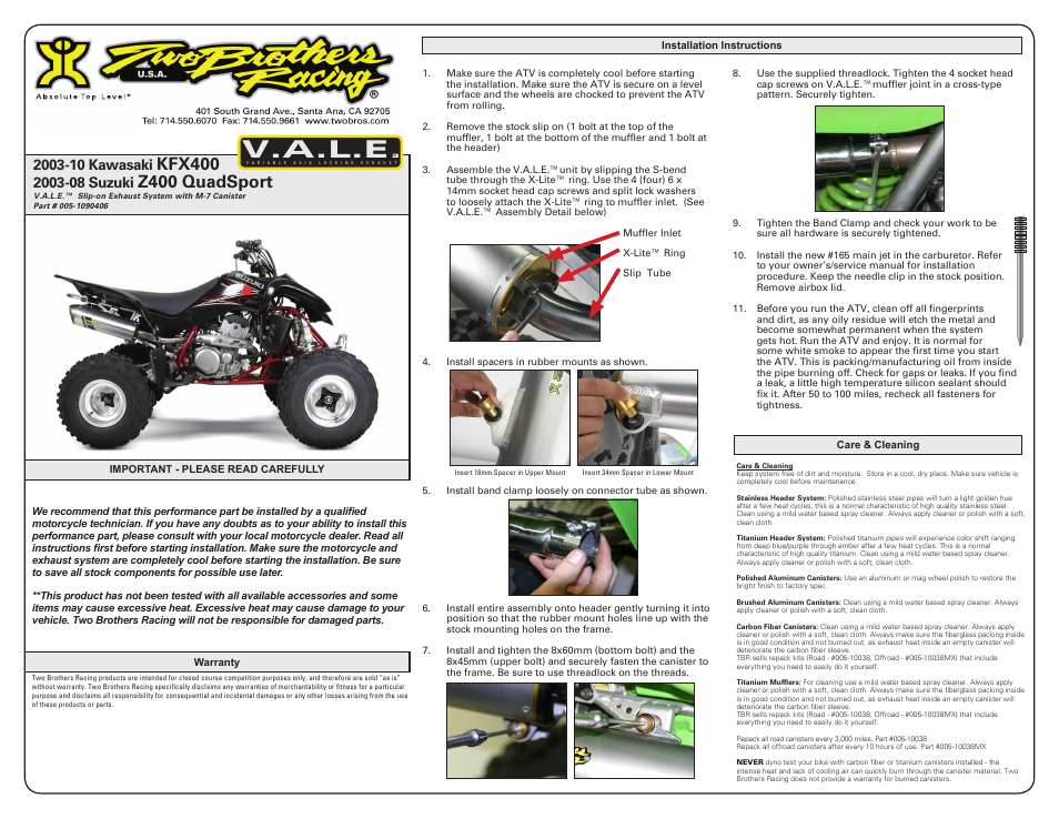 Two Brothers Racing Suzuki Z400 Quadsport User Manual | 2 pages