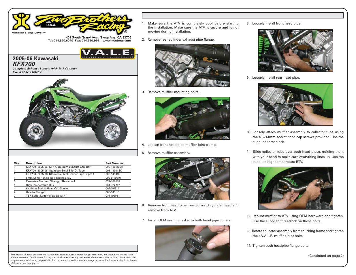 Two Brothers Racing Kawasaki KFX400 User Manual | 3 pages