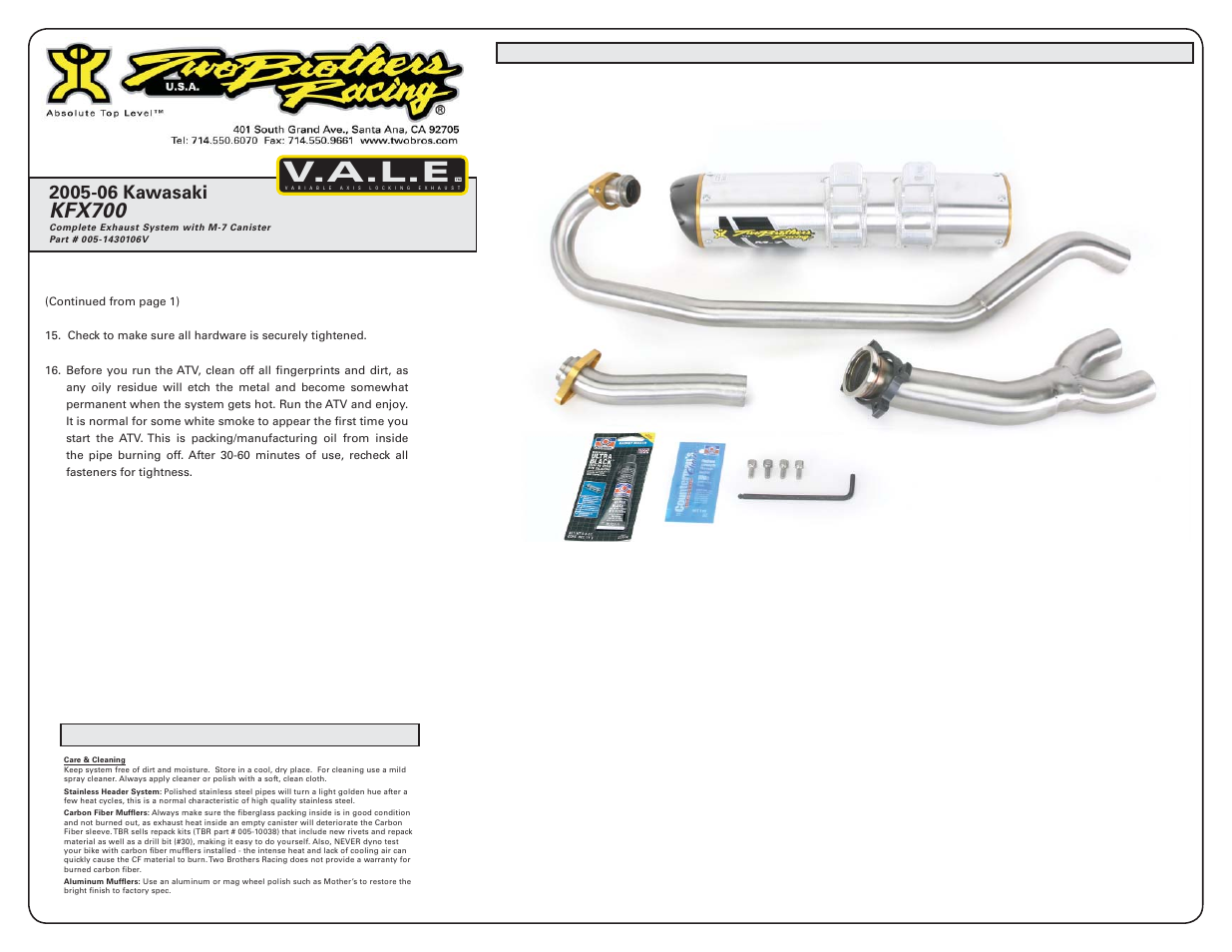 V.a.l.e, Kfx700 | Two Brothers Racing Kawasaki KFX400 User Manual | Page 2 / 3
