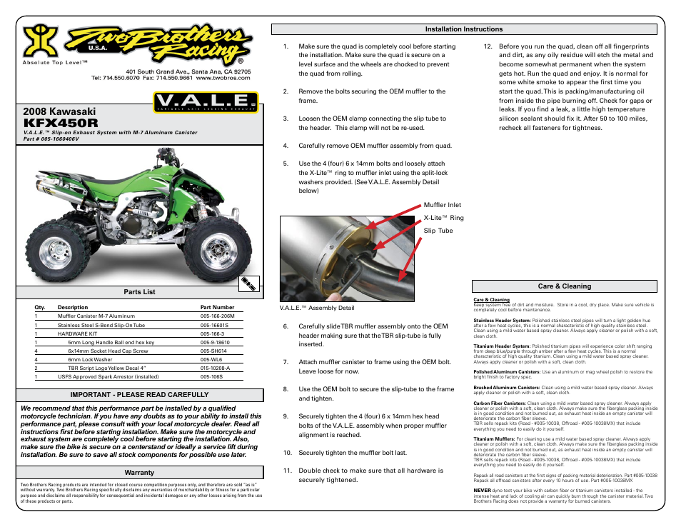 Two Brothers Racing Kawasaki KFX450R User Manual | 2 pages