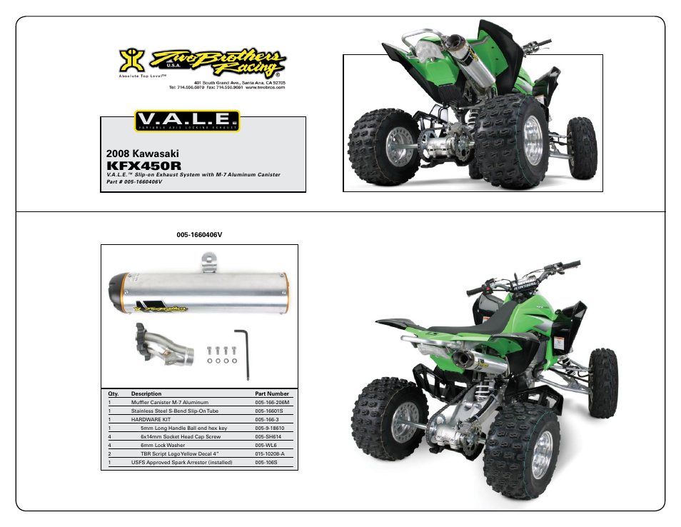 V.a.l.e, Kfx450r, 2008 kawasaki | Two Brothers Racing Kawasaki KFX450R User Manual | Page 2 / 2