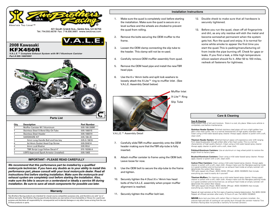 Two Brothers Racing Kawasaki KLR650 User Manual | 2 pages