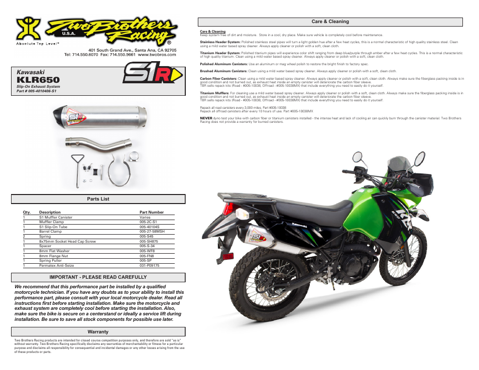 Klr650, Kawasaki | Two Brothers Racing Kawasaki KLR650 User Manual | Page 2 / 2