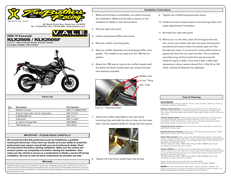 Two Brothers Racing Kawasaki KLX250S/SF User Manual | 2 pages