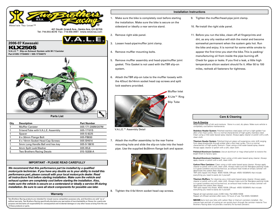 Two Brothers Racing Kawasaki KLX300R User Manual | 2 pages