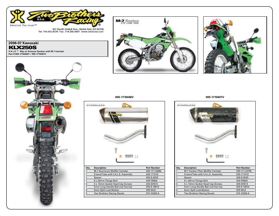 Klx250s, M-7 series | Two Brothers Racing Kawasaki KLX300R User Manual | Page 2 / 2