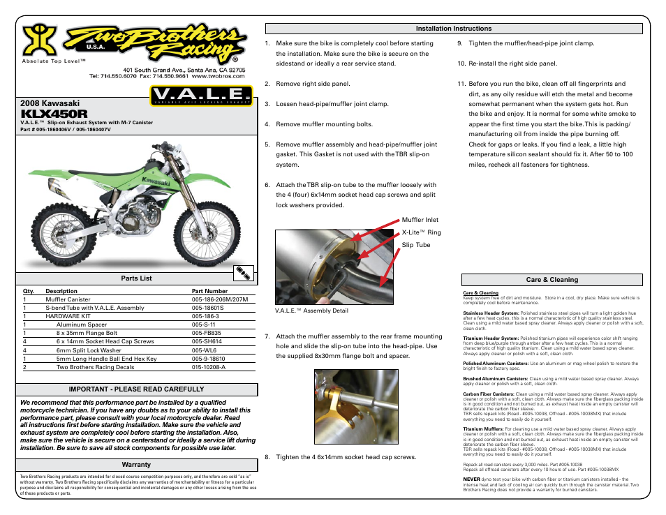 Two Brothers Racing Kawasaki KLX450R User Manual | 2 pages