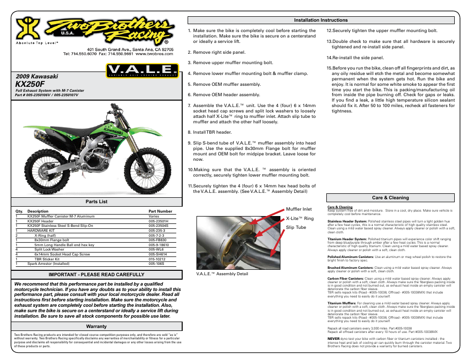 Two Brothers Racing Kawasaki KX250F User Manual | 2 pages