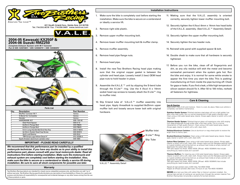 Two Brothers Racing Suzuki RM-Z 250 User Manual | 2 pages