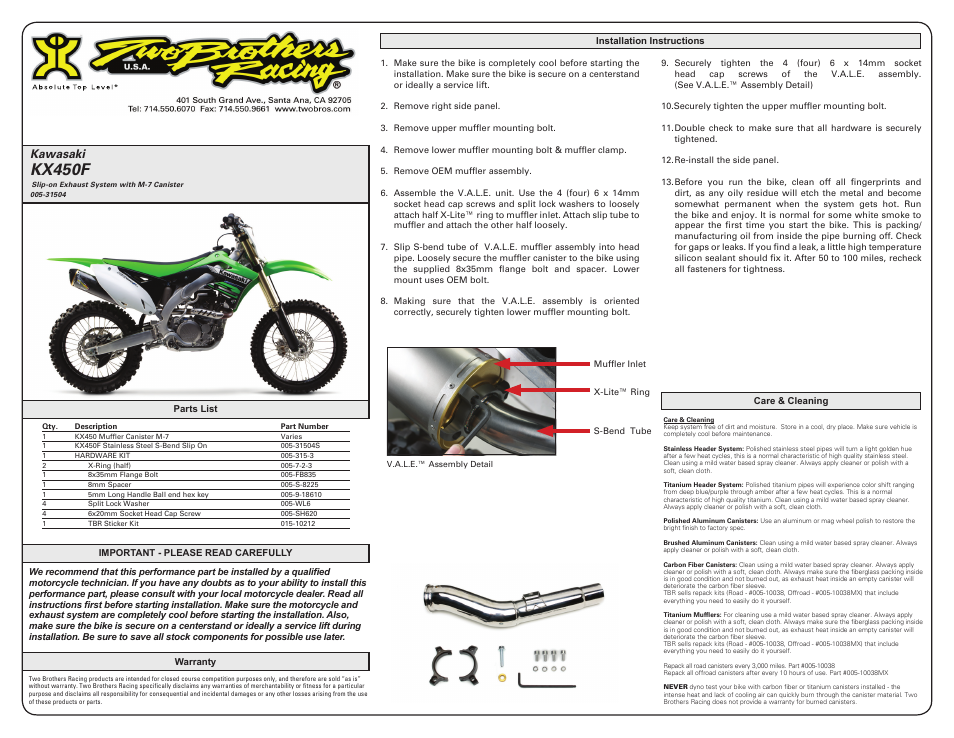 Two Brothers Racing Kawasaki KX450F User Manual | 1 page