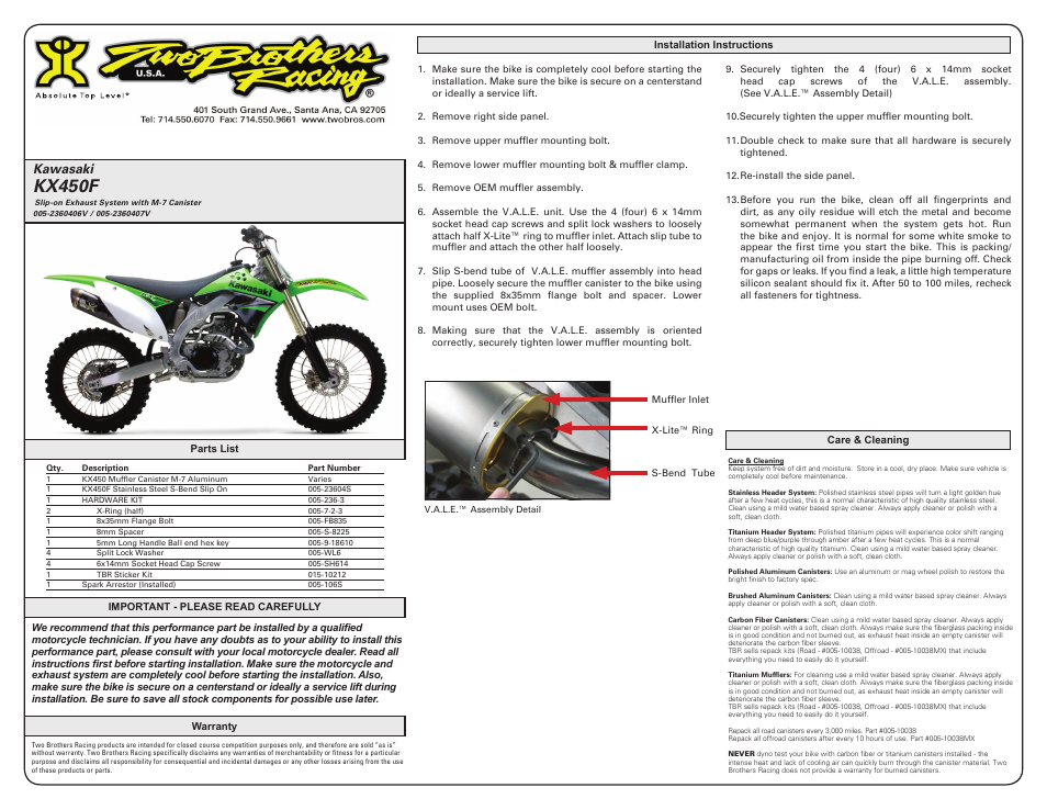 Two Brothers Racing Kawasaki KX450F User Manual | 2 pages