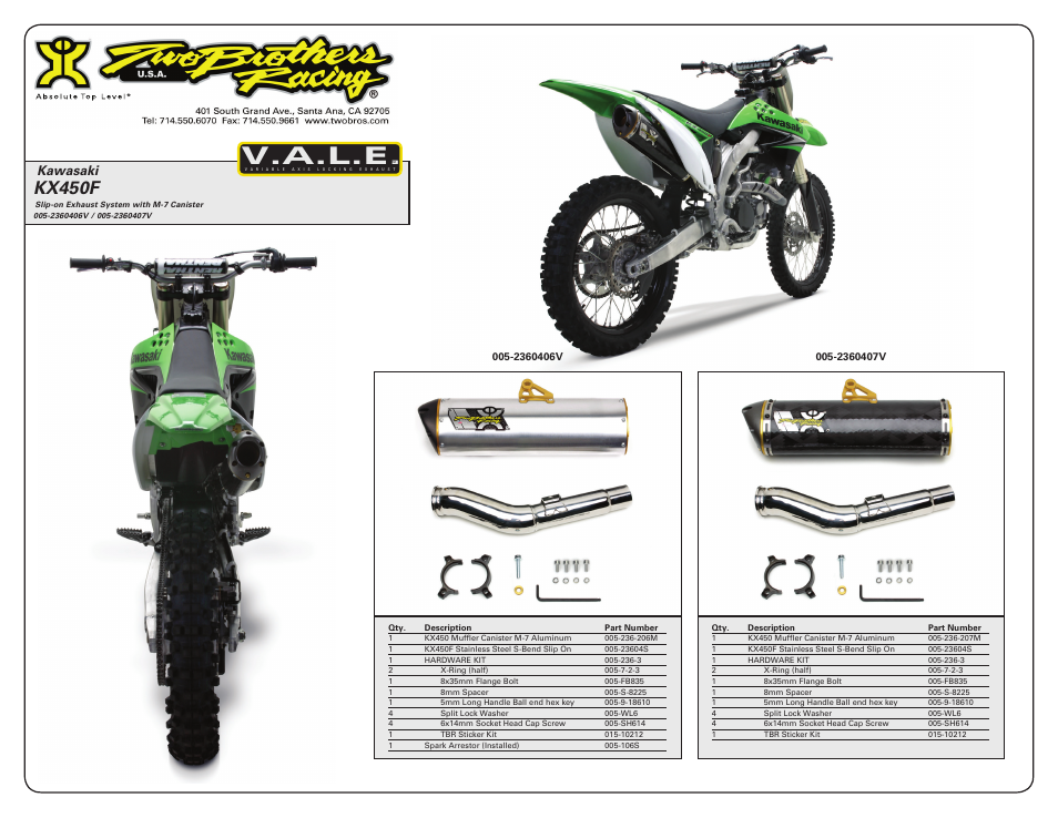 V.a.l.e, Kx450f, Kawasaki | Two Brothers Racing Kawasaki KX450F User Manual | Page 2 / 2