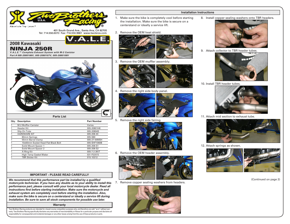 Two Brothers Racing Kawasaki Ninja 250R User Manual | 3 pages