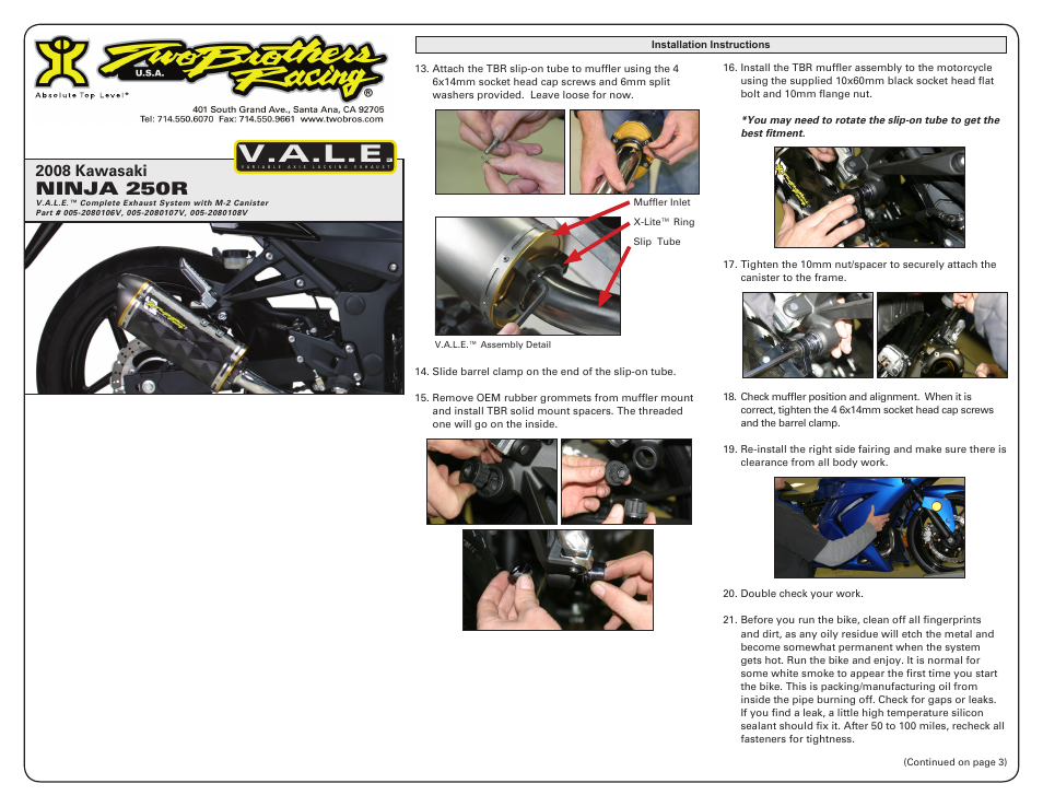 V.a.l.e, Ninja 250r, 2008 kawasaki | Two Brothers Racing Kawasaki Ninja 250R User Manual | Page 2 / 3