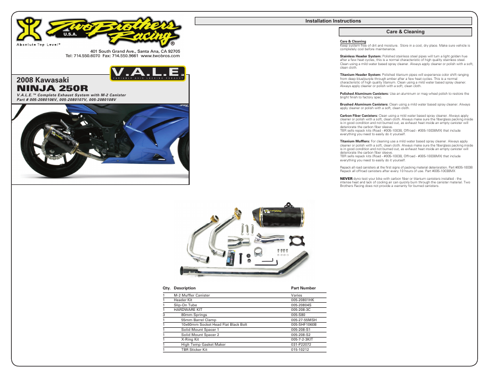 V.a.l.e, Ninja 250r, 2008 kawasaki | Two Brothers Racing Kawasaki Ninja 250R User Manual | Page 3 / 3