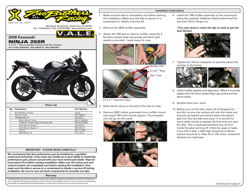 Two Brothers Racing Kawasaki Ninja 250R User Manual | 2 pages