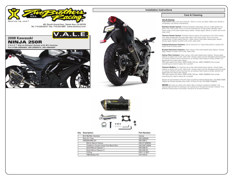 V.a.l.e, Ninja 250r, 2008 kawasaki | Two Brothers Racing Kawasaki Ninja 250R User Manual | Page 2 / 2