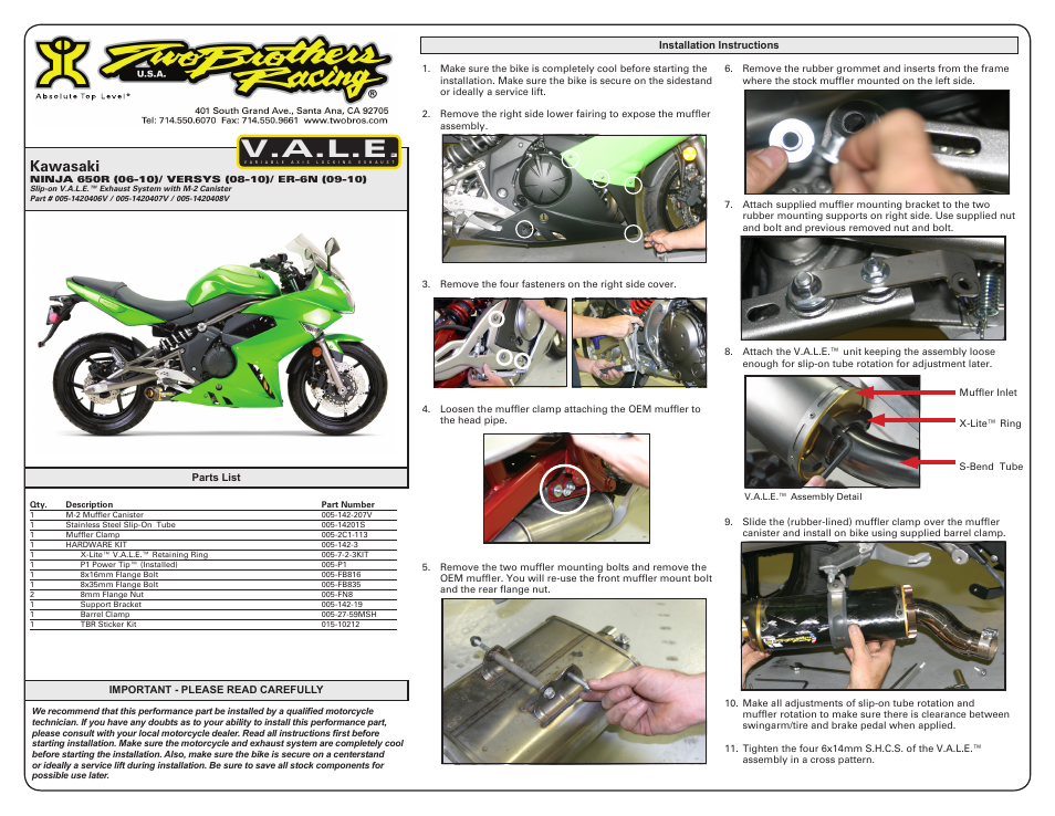 Two Brothers Racing Kawasaki Ninja 650R User Manual | 2 pages