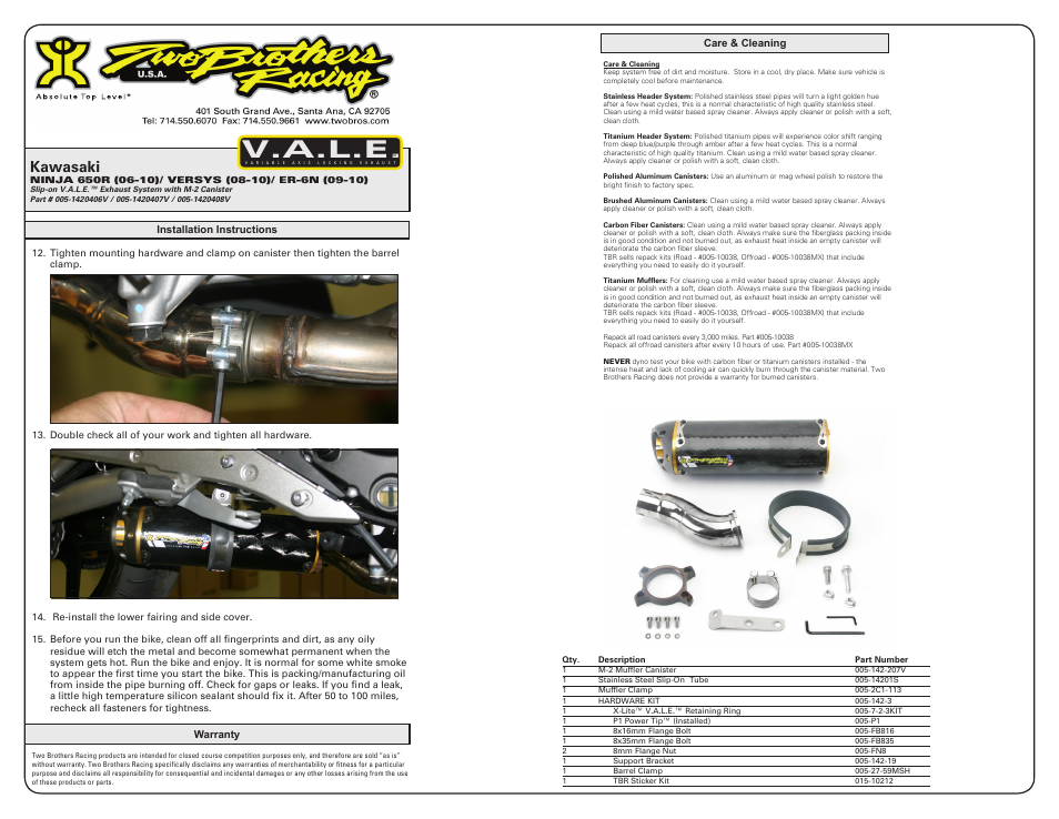 V.a.l.e, Kawasaki | Two Brothers Racing Kawasaki Ninja 650R User Manual | Page 2 / 2