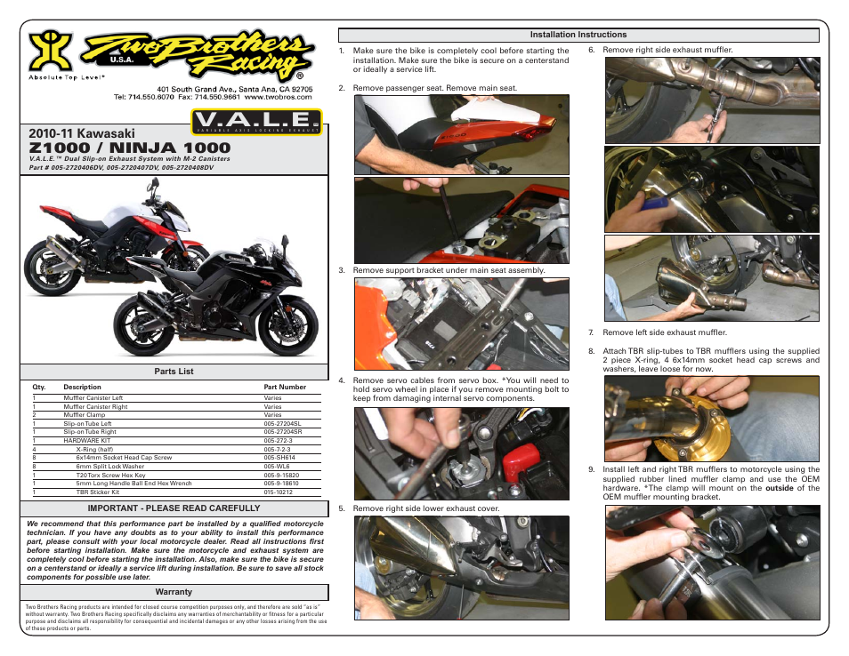 Two Brothers Racing Kawasaki Z1000 User Manual | 2 pages