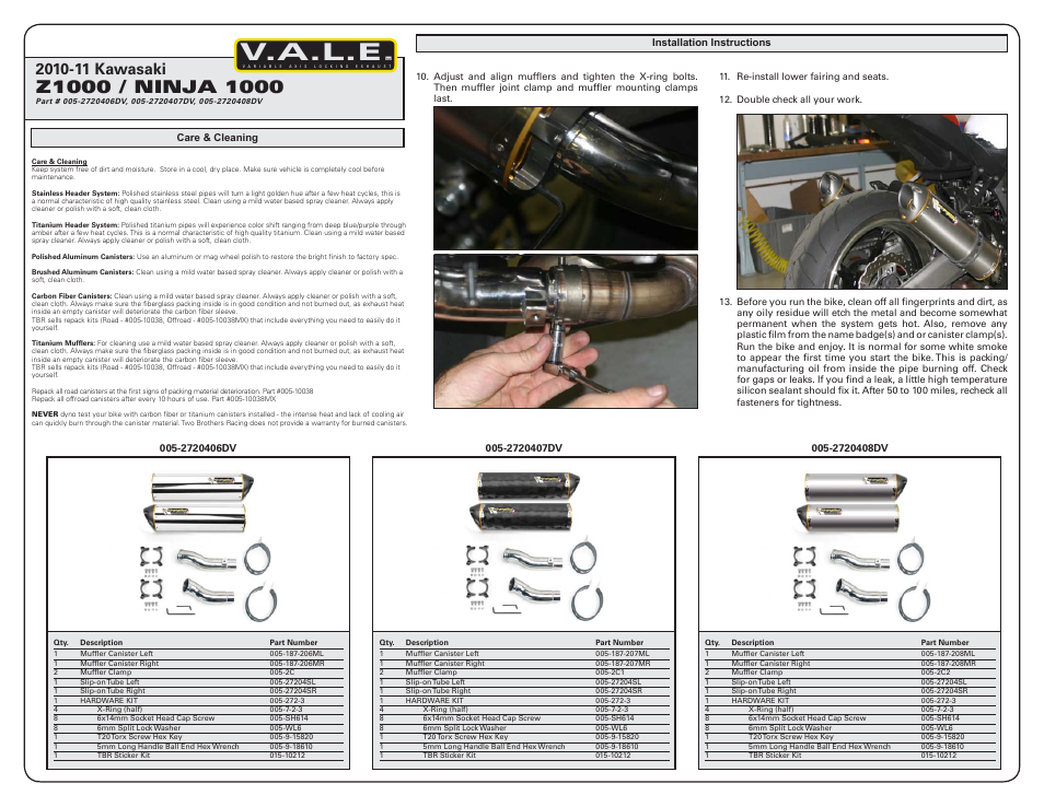 V.a.l.e | Two Brothers Racing Kawasaki Z1000 User Manual | Page 2 / 2