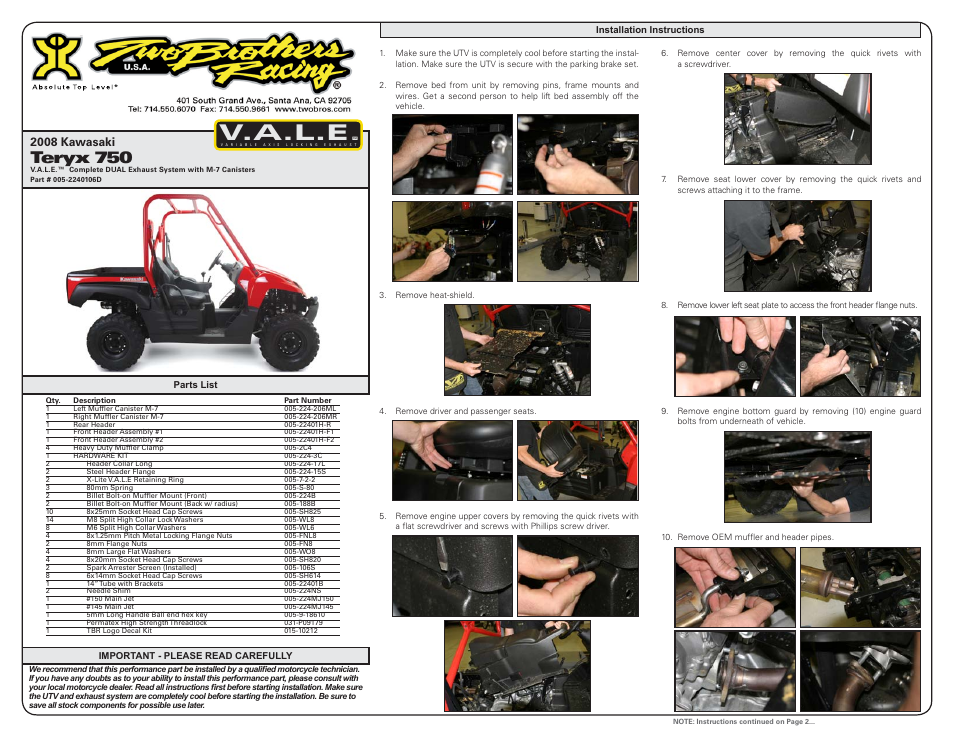 Two Brothers Racing 2008 Kawasaki Teryx 750 User Manual | 3 pages