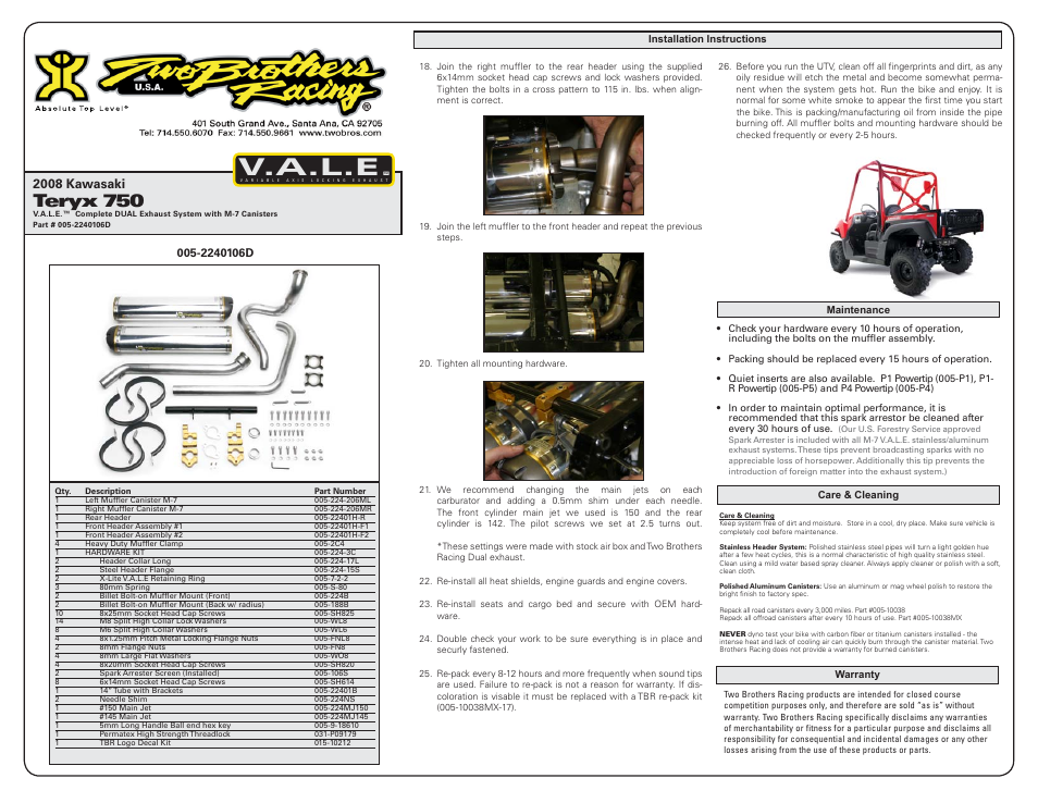 V.a.l.e, Teryx 750, 2008 kawasaki | Two Brothers Racing 2008 Kawasaki Teryx 750 User Manual | Page 3 / 3