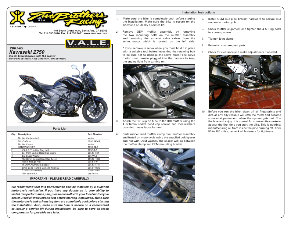 Two Brothers Racing Kawasaki Z750 User Manual | 2 pages