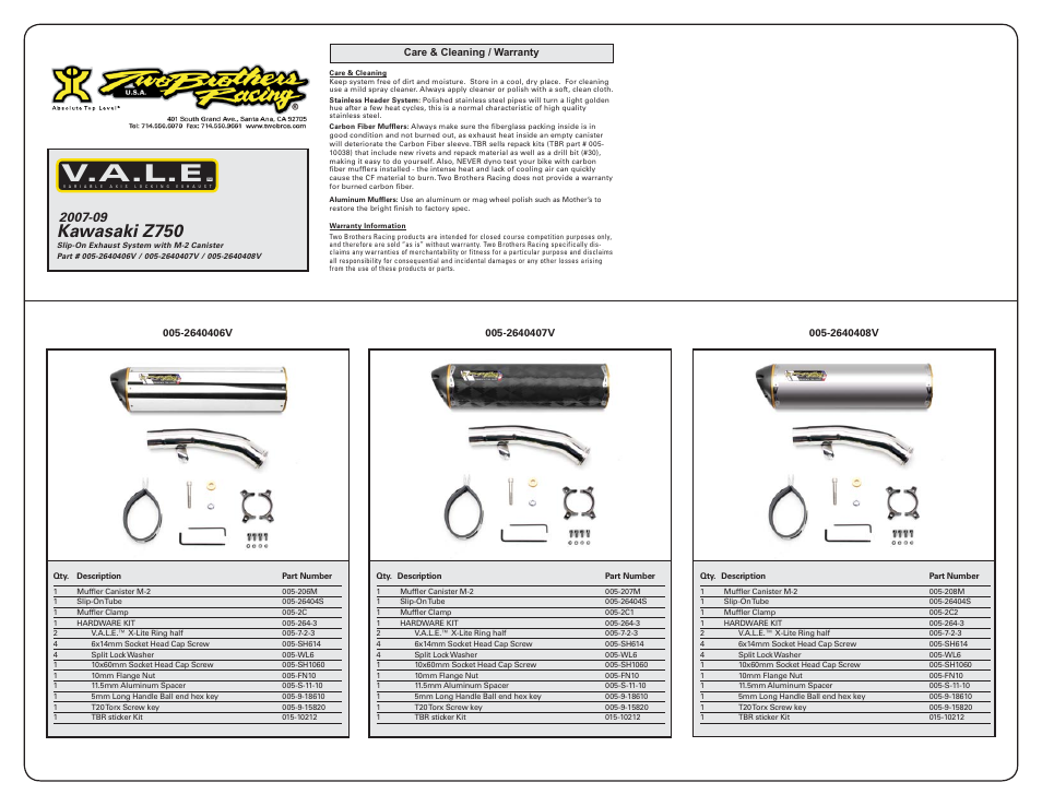 V.a.l.e, Kawasaki z750 | Two Brothers Racing Kawasaki Z750 User Manual | Page 2 / 2