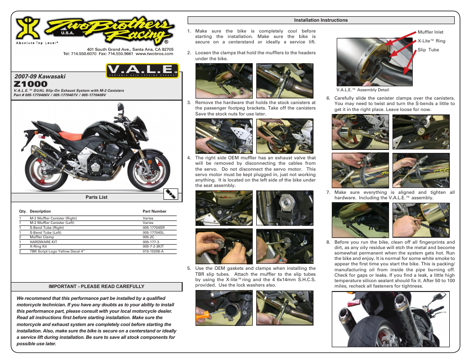 Two Brothers Racing Kawasaki Z1000 User Manual | 2 pages