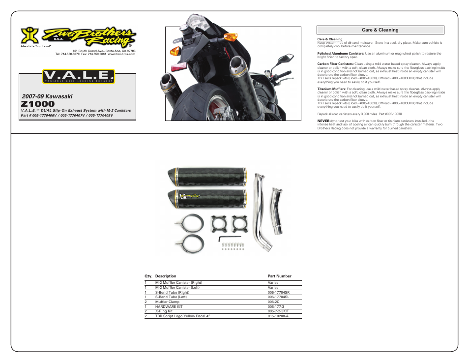V.a.l.e, Z1000 | Two Brothers Racing Kawasaki Z1000 User Manual | Page 2 / 2